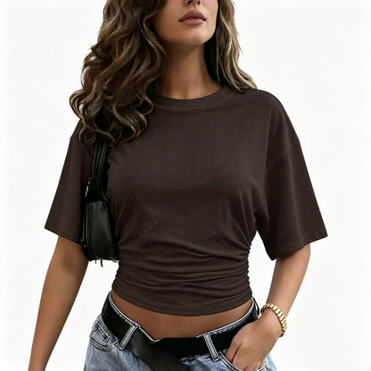 Summer 2026 Fashion Cropped Top: Fitted Basic T-Shirt with Batwing Sleeves and Waist-Cinching Ruching