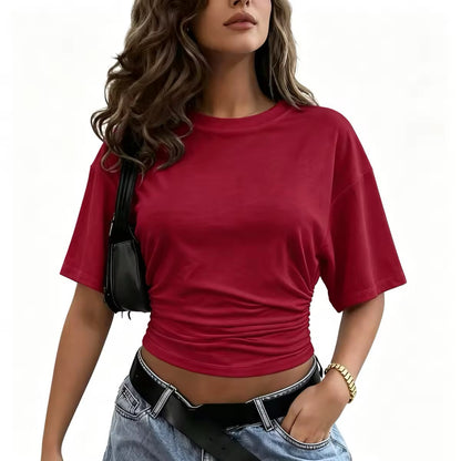 Summer 2026 Fashion Cropped Top: Fitted Basic T-Shirt with Batwing Sleeves and Waist-Cinching Ruching