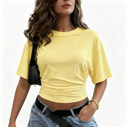 Summer 2026 Fashion Cropped Top: Fitted Basic T-Shirt with Batwing Sleeves and Waist-Cinching Ruching