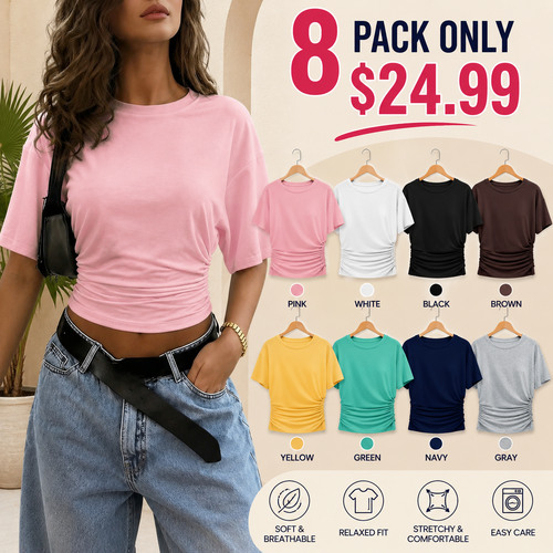 Summer 2026 Fashion Cropped Top: Fitted Basic T-Shirt with Batwing Sleeves and Waist-Cinching Ruching