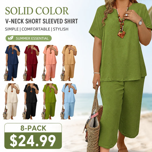 Women's Solid Short Sleeve Top & Loose Wide Leg Pants 2-Piece Set